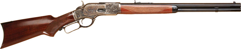 Engraved lever-action rifle with wooden stock