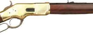 Lever-action rifle with wooden stock and brass receiver