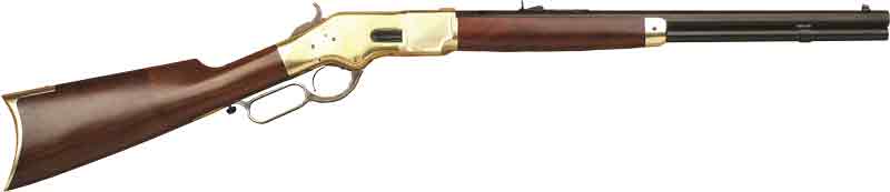 Lever-action rifle with wooden stock and brass receiver
