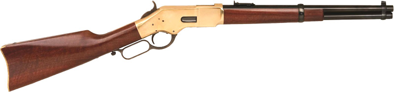 Lever-action rifle with wooden stock and brass receiver