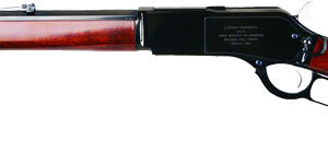 Lever-action rifle with wooden stock and long barrel