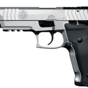 Silver and black semi-automatic handgun on white background