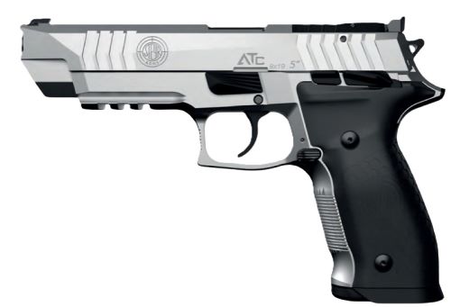 Silver and black semi-automatic handgun on white background