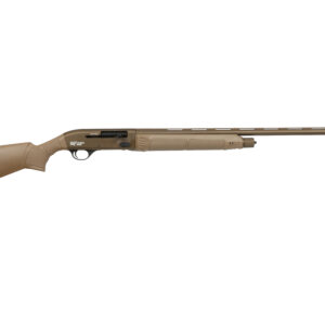 Tan pump-action shotgun on white background
