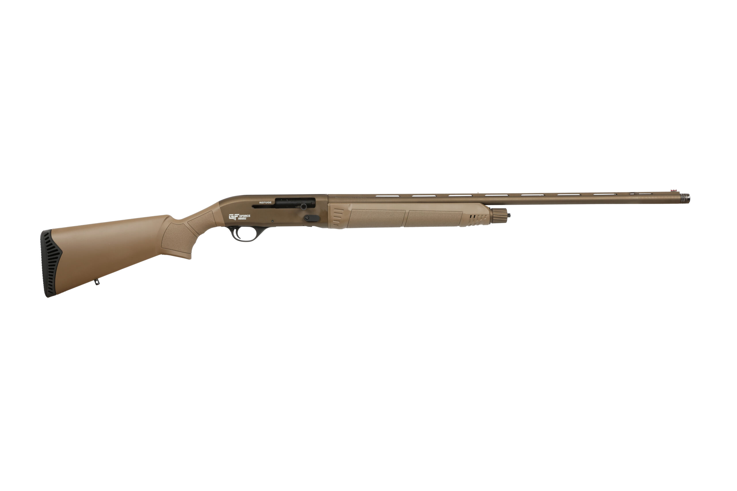 Tan pump-action shotgun on white background