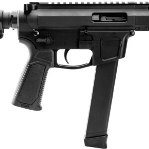 Compact black semi-automatic firearm with extended magazine