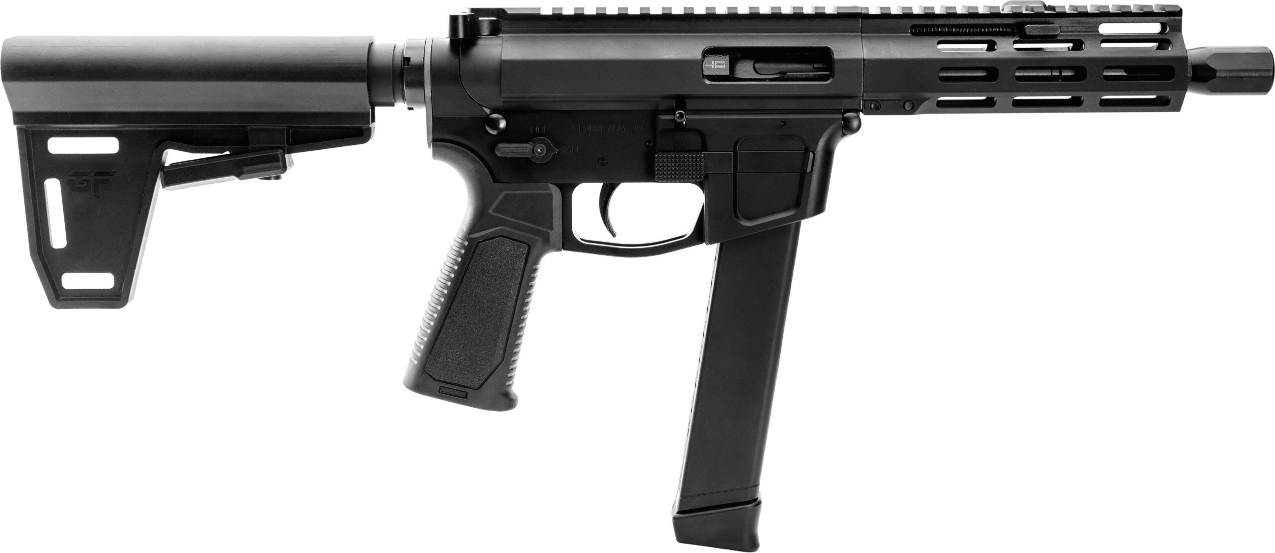 Compact black semi-automatic firearm with extended magazine