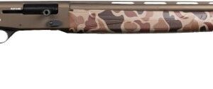 Camouflage pump-action shotgun on white background