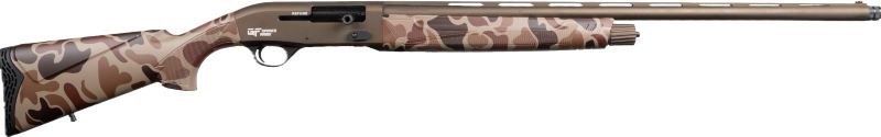 Camouflage pump-action shotgun on white background