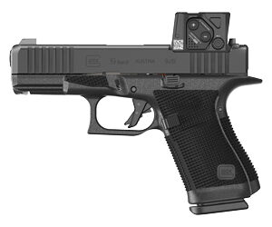 Black semi-automatic pistol with red dot sight