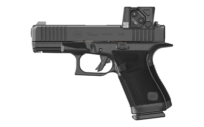 Black semi-automatic pistol with red dot sight