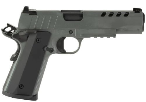 Semi-automatic handgun side view on white background