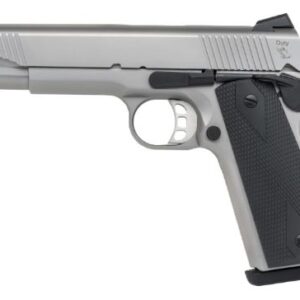 Silver semi-automatic pistol on white background