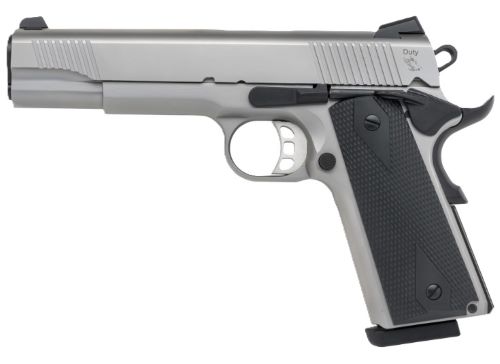Silver semi-automatic pistol on white background