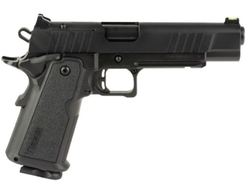 Black semi-automatic pistol on white background