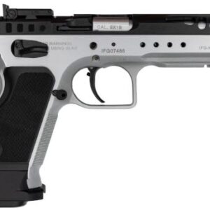Silver and black semi-automatic competition pistol
