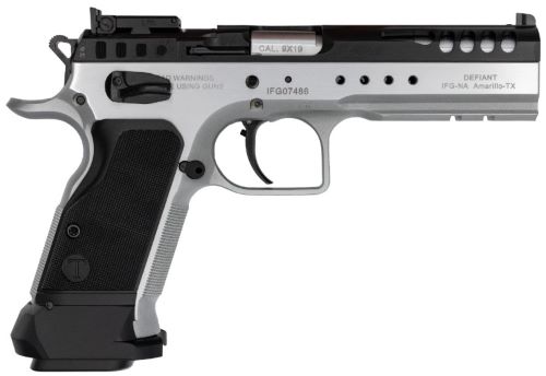 Silver and black semi-automatic competition pistol