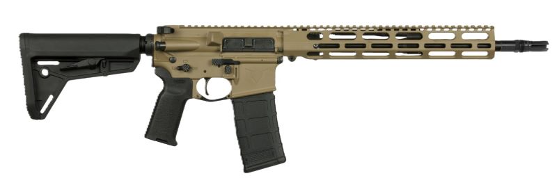 Tan and black AR-15 style rifle