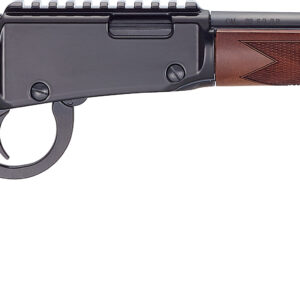 Lever-action rifle with wooden stock on white background