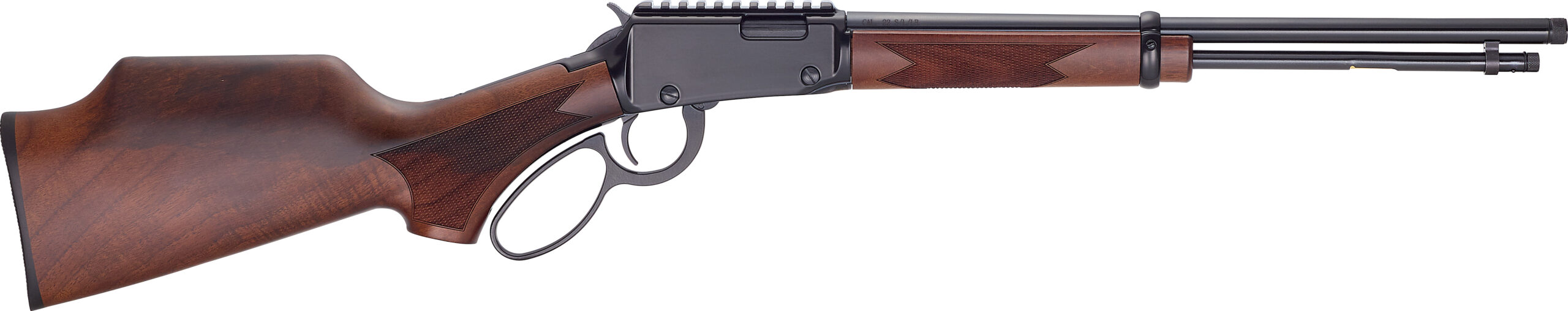 Lever-action rifle with wooden stock on white background