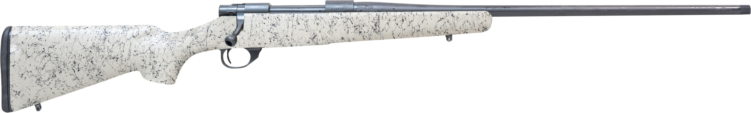 Bolt-action rifle with speckled synthetic stock