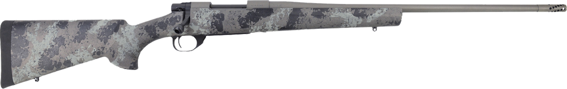 Camouflage bolt-action rifle on white background