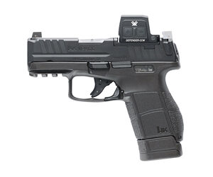 Black semi-automatic pistol with mounted red dot sight