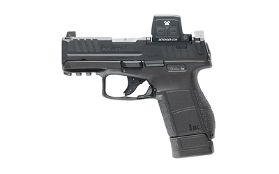 Black semi-automatic pistol with mounted red dot sight