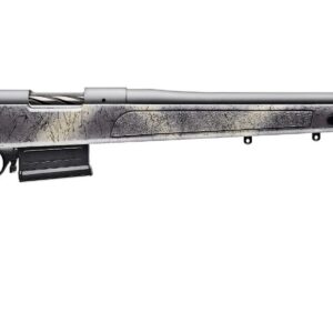 Bolt-action rifle with long barrel and camouflage stock
