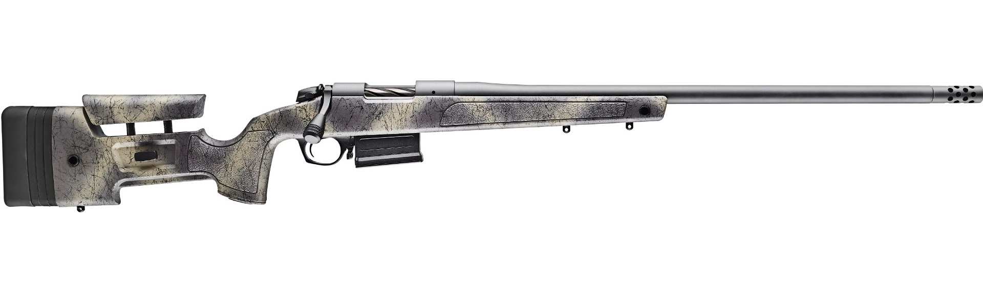Bolt-action rifle with long barrel and camouflage stock