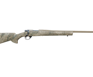 Bolt-action rifle with camouflage stock on white background