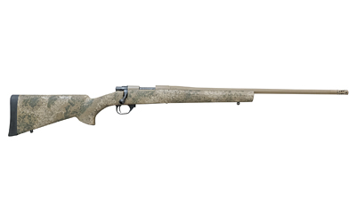 Bolt-action rifle with camouflage stock on white background