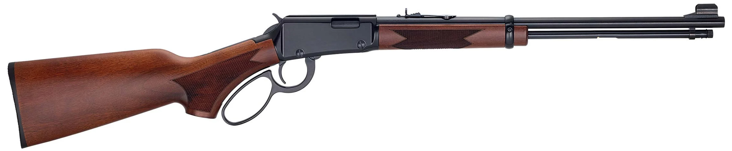 Lever-action rifle with wooden stock on white background