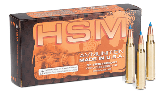 HSM ammunition box with three rifle cartridges