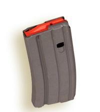 Gray rifle magazine with orange follower