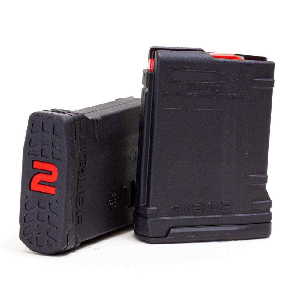 Two black rifle magazines with red accents