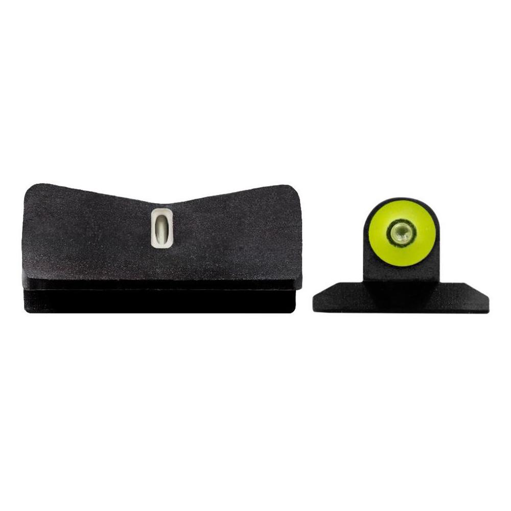 Black pistol iron sights with green front dot