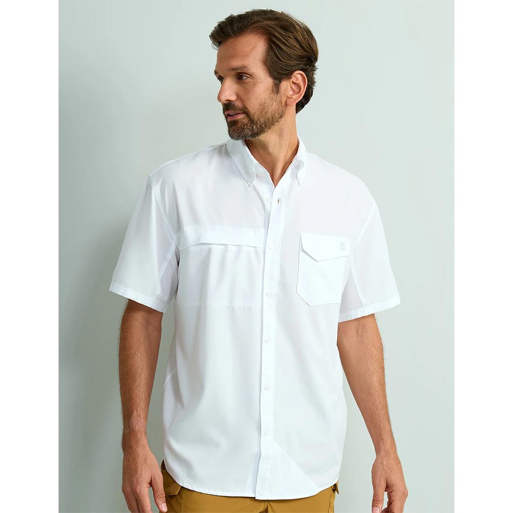 Man wearing white short-sleeve button-up shirt