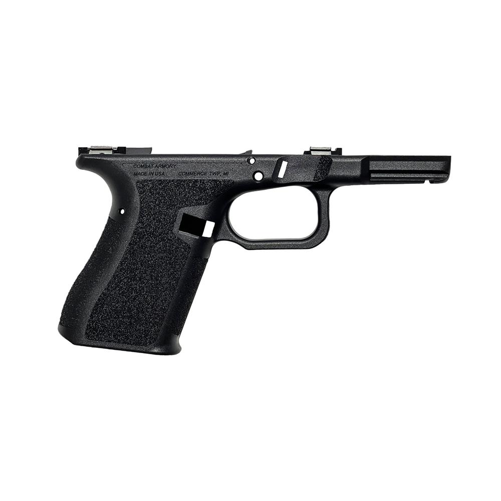 Black polymer handgun frame on white background