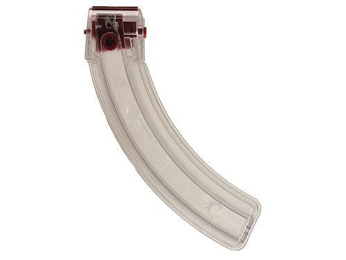 Transparent curved rifle magazine with red top