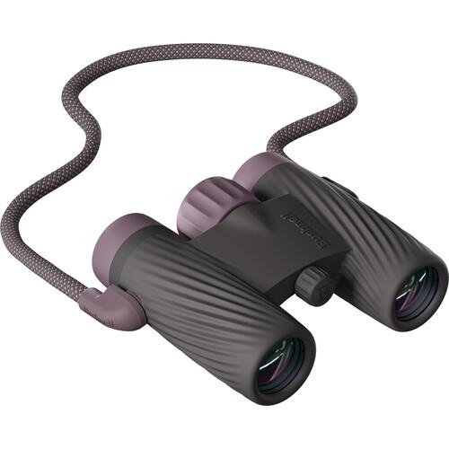 Compact gray binoculars with neck strap