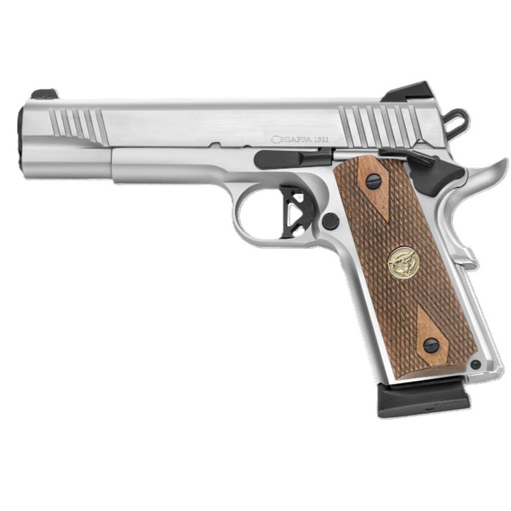 Silver 1911-style handgun with wooden grip panels