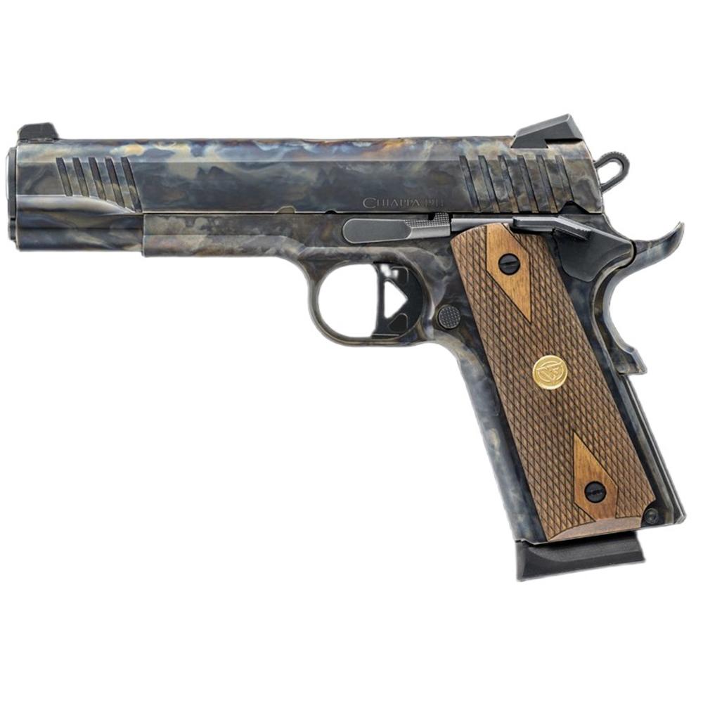 Semi-automatic pistol with marbled finish and wooden grip