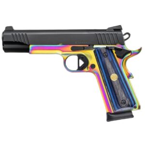 Rainbow-finished 1911-style handgun with wooden grip