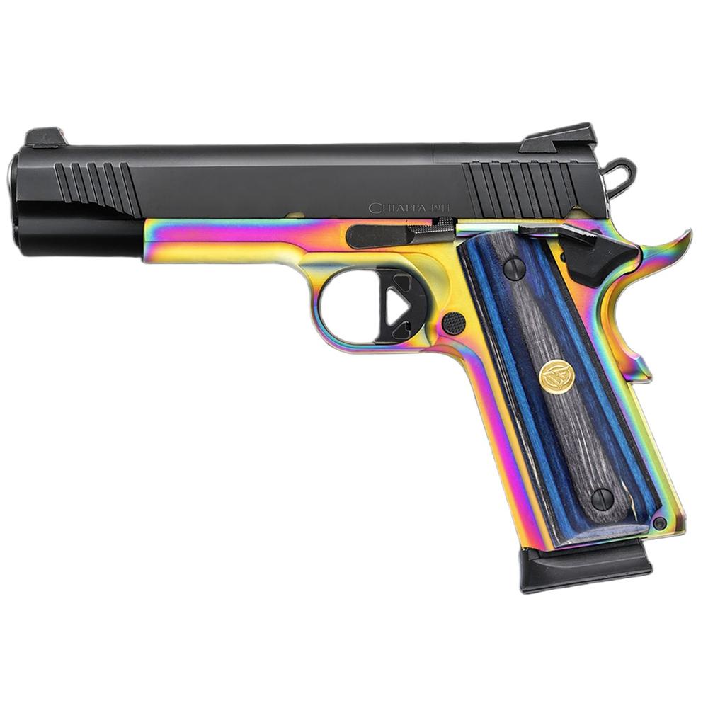 Rainbow-finished 1911-style handgun with wooden grip