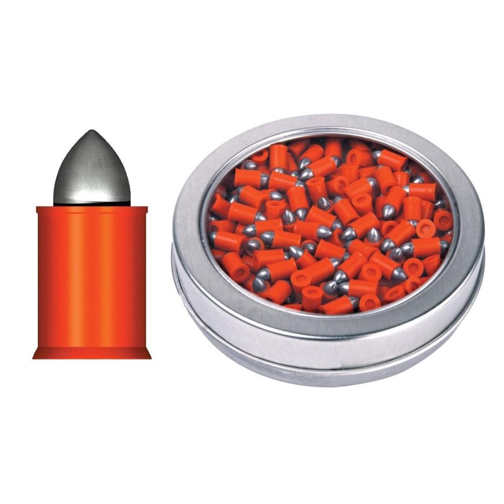 Red airgun pellets in metal tin and cartridge