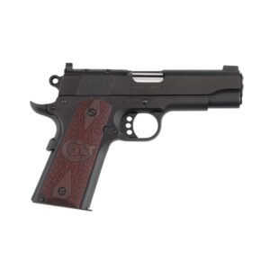 Black semi-automatic handgun with wooden grip