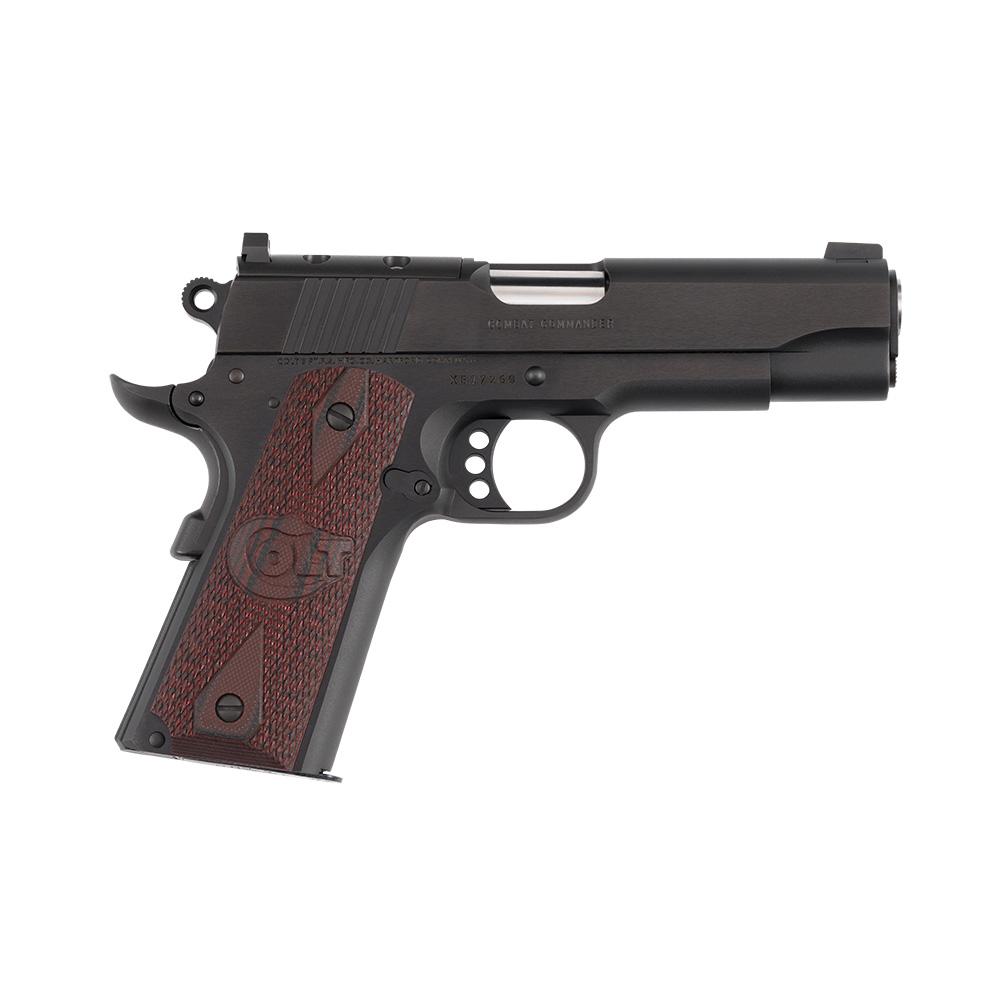 Black semi-automatic handgun with wooden grip