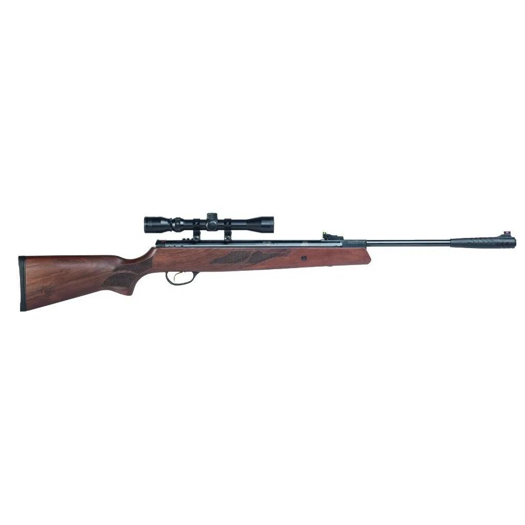 Wooden-stock rifle with mounted scope on white background