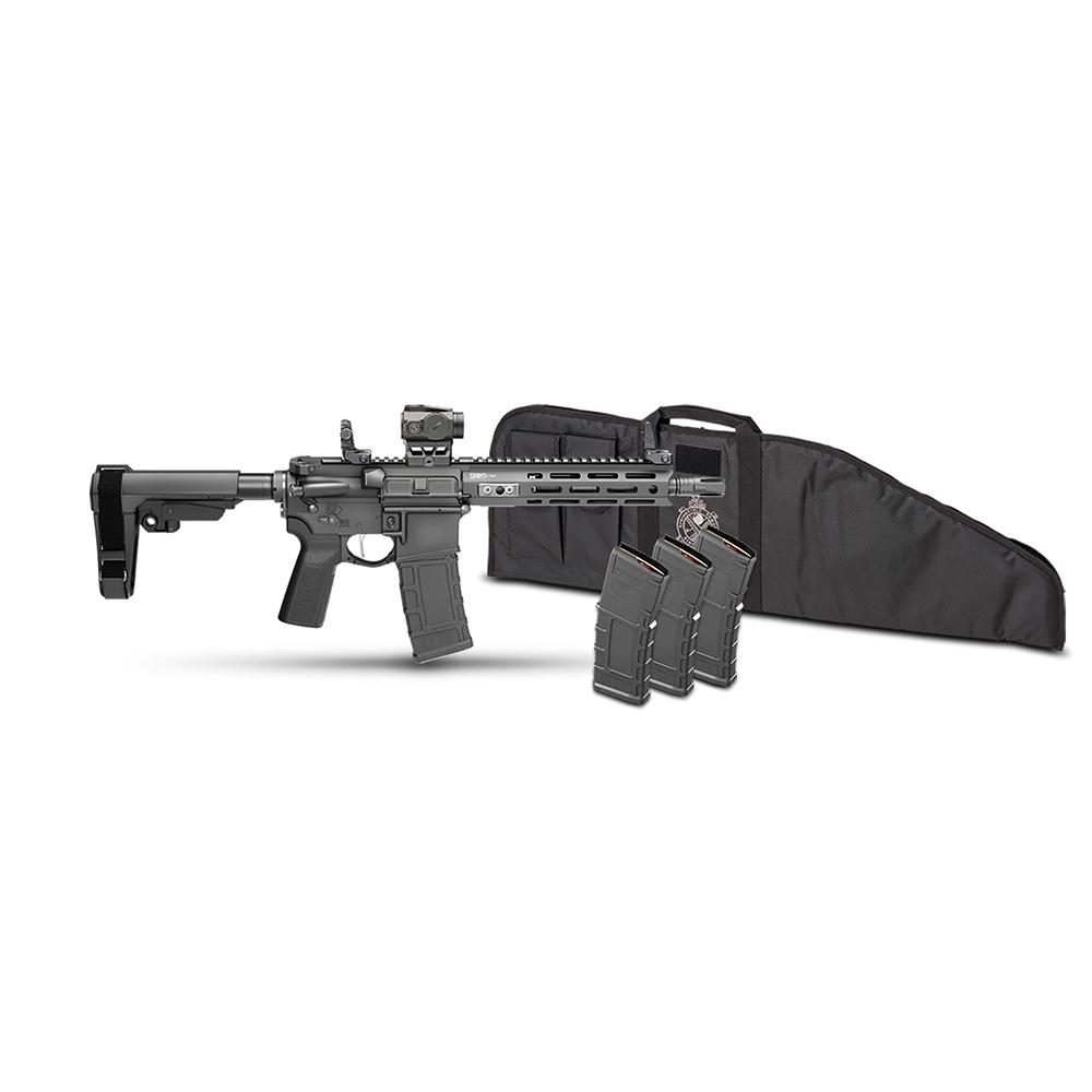 Modern semi-automatic rifle with magazines and case